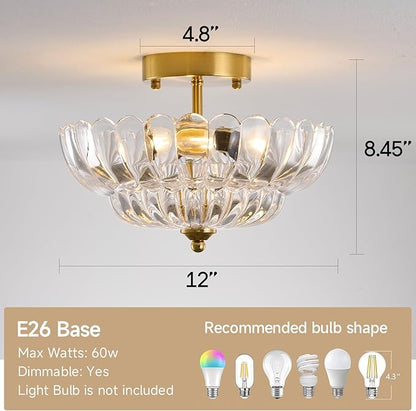 Gold Semi Flush Mount Ceiling Light, 12" Crystal Glass Vintage Light Fixture with E26 Base, 3-Light Modern Close to Ceiling Lamp for Bedroom Hallway Entryway Kitchen