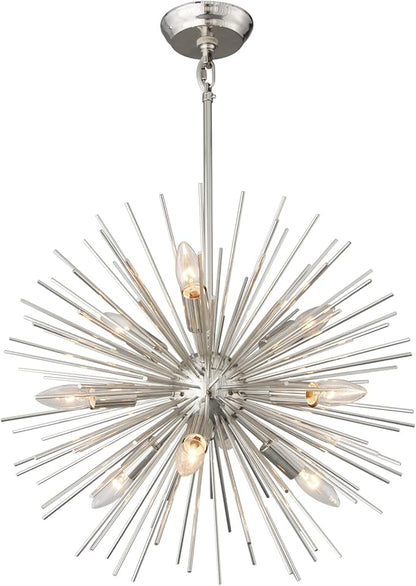 20" Modern Nickel Sputnik Chandelier 9-Lights Mid-Century Modern Starburst Chandelier Vintage Chrome Solid Metal Sputnik Chandeliers for Dining Room, Living Room, Bedroom, Kitchen, E12