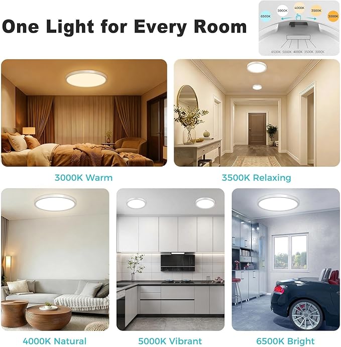 libtit 7inch LED Flush Mount Ceiling Light, Dimmable & 5Color Temperatures (3000K-6500K), 15W Round Slim White Light Fixture for Closet Hallway Kitchen Bathroom Laundry