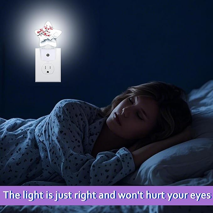 Red Plum Blosoom Flower Night Lights Plug Into Wall Decorative,Chinese Ink Painting Sleep Friendly Lamp, Energy Efficient Dusk-to-Dawn Sensor Nightlights for Kid Bedroom Nursery Bathroom