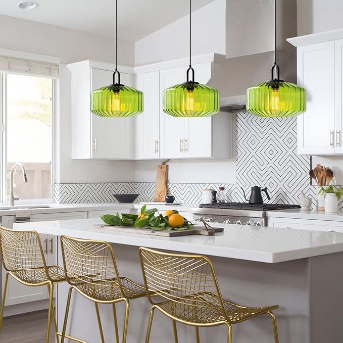 Green Glass Pendant Light Fixture Hand Blown Pendant Lights with Large Glass Globe Shade, Mid Century Modern Adjustable Ceiling Hanging Lighting for Dining Bedroom Table Kitchen Island