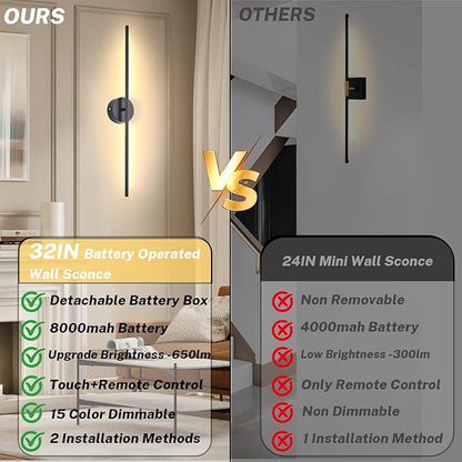 8000mah Detachable Battery Operated Wall Sconces Set of two, 32 Inch Rechargeable Wall Sconce With Remote & Touch, RGB 15 Colors Dimmable Wireless lamp for Bedroom, Living Room, Hallway Decor, Black