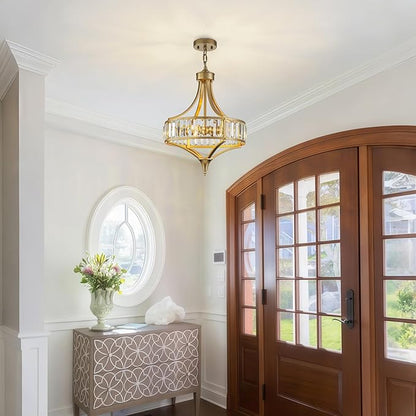 Gold Vintage Chandeliers for Dining Room, 15.7" Modern Crystal Round Pendant Lights Kitchen Island Over Table,4-Light Foyer Chandelier for Entryway Bathroom Bedroom Living Room