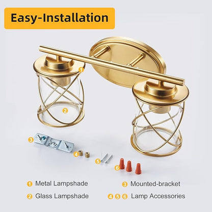 mavcadonf 2-Light UL Certified Brushed Gold Vanity Light, Metal Cage Shade Wall Sconce Over Mirror, Modern Farmhouse Light Fixture for Bathroom Kitchen Bedroom Hallway