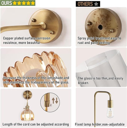 Vintage Battery Operated Wall Sconces Sets Of Two,Indoor not Hardwired Amber Tulip Glass Lampshade Fixtures,Rechargeable Wireless RGB Wall Lights with Dimmable Remote Control,for Bedroom Living Room