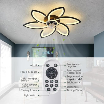 30inch Black Flower Modern CeilingFans with Lights, Low Profile Ceiling Fan with Remote for bedroom, Flush Mount Ceiling Fan with LED Dimmable Light,6-Speeds, Timing Ceiling Fan Light