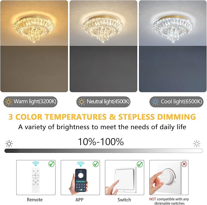 Crystal Chandelier Modern Round Ceiling Light Fixture LED Raindrop Chandeliers Dimmable with Remote for Dining Room Living Room Entryway Hallway Bedroom Gold