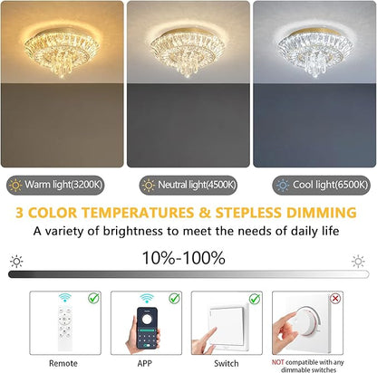 Crystal Chandelier Modern Round Ceiling Light Fixture LED Raindrop Chandeliers Dimmable with Remote for Dining Room Living Room Entryway Hallway Bedroom Gold