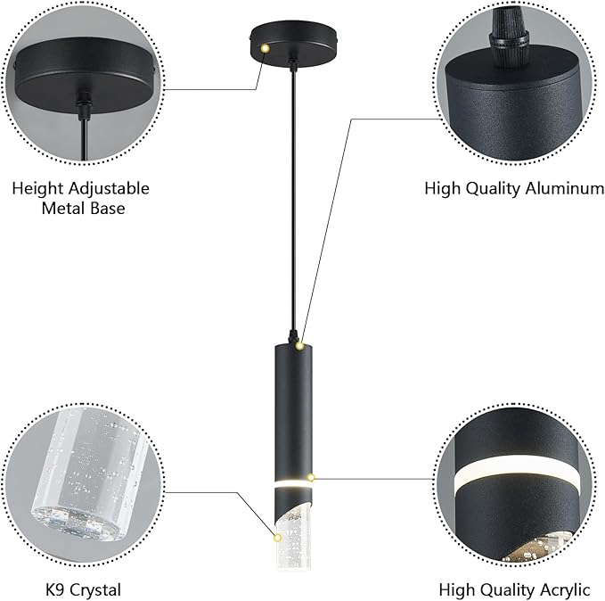 Modern Dimmable Led Pendant Lights Kitchen Island, Ideal for Living Room, Bedroom,Sink 6w LED Crystal Energy-Saving Hanging Lamp for Cozy Lighting (Black 3-Pack)
