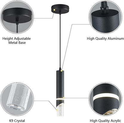 Modern Dimmable Led Pendant Lights Kitchen Island, Ideal for Living Room, Bedroom,Sink 6w LED Crystal Energy-Saving Hanging Lamp for Cozy Lighting (Black 3-Pack)