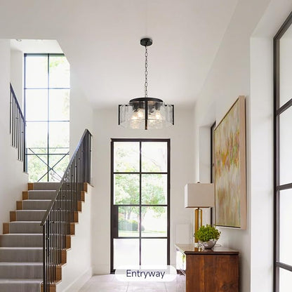 Modern Black Chandeliers for Dining Room: 17.7'' Drum Textured Glass Foyer Chandelier - Vintage Farmhouse kitchen Chandeliers Over Table - Rustic Hanging Light Fixture for Bedroom Living Room Entryway