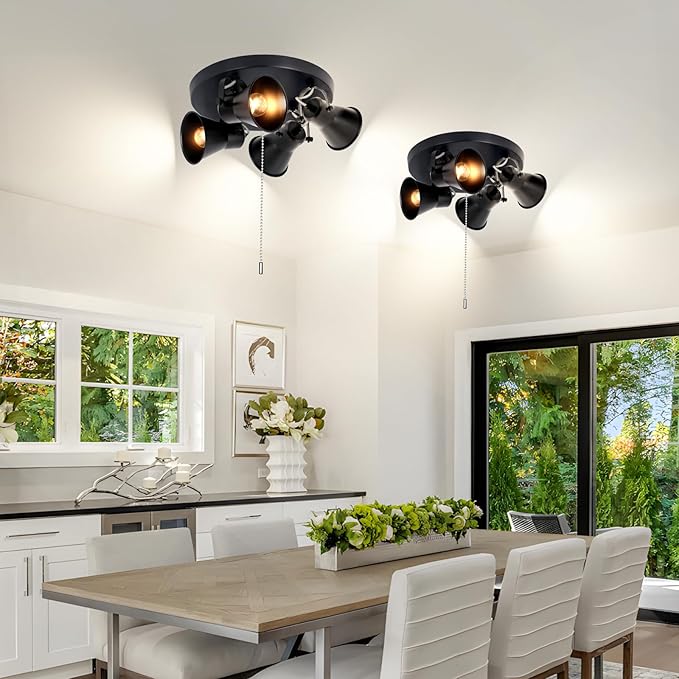 4-Light Industrial Track Lighting with Pull Chain On/Off Switch, Adjustable Round Kitchen Ceiling Light, Morden Black Flush Mount Directional Light for Kitchen, Hallway, Dining Room.