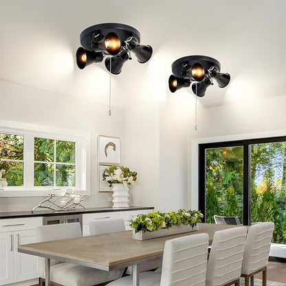 4-Light Industrial Track Lighting with Pull Chain On/Off Switch, Adjustable Round Kitchen Ceiling Light, Morden Black Flush Mount Directional Light for Kitchen, Hallway, Dining Room.