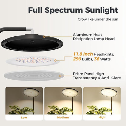 Bamworld Hanging Grow Light for Indoor Plants Full Spectrum 10 Dimmable Levels LED Grow Light Long Cord Timer Garden Greenhouse Flowers Large Tall Plant Black with Upright Stand
