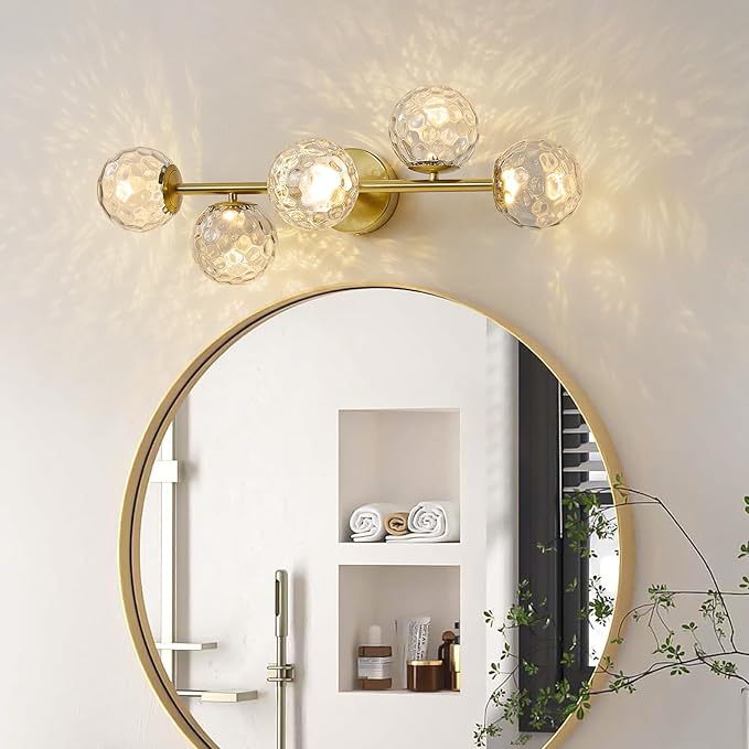 Gold Bathroom Vanity Light Fixtures: 5-Light Hammered Clear Glass Globe Light Fixture Bathroom Wall Sconce over Mirror - Mid Century Modern Gold Dimmable LED Brushed Brass Vanity Lighting Sconces