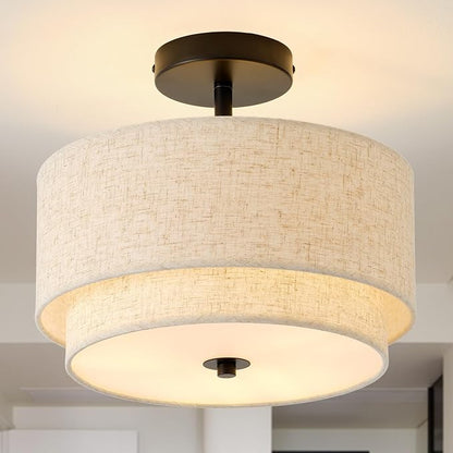 12.6" Flush Mount Ceiling Light Fixture, Black 3-Light Modern Ceiling Light with Fabric Shade in Double Drum-Shape for Bedroom Nursery Living Room Kitchen Island(2-Tier Black)