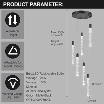 6 Light Pendant Lights Kitchen Island,Modern LED Bubble Crystal Pendants with Dimmable 3000K-6000K Ceiling Hanging Light Fixture for Dining Room Bedroom,Matte Black Finish,Adjustable Height 78"