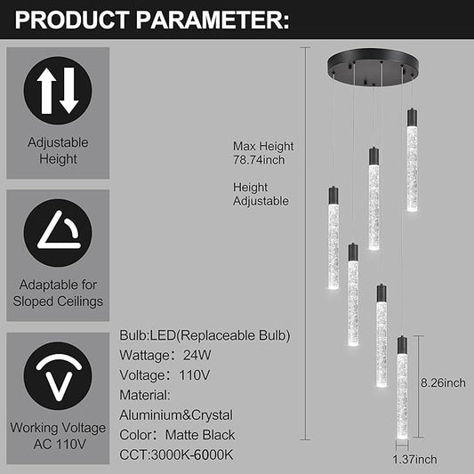 6 Light Pendant Lights Kitchen Island,Modern LED Bubble Crystal Pendants with Dimmable 3000K-6000K Ceiling Hanging Light Fixture for Dining Room Bedroom,Matte Black Finish,Adjustable Height 78"
