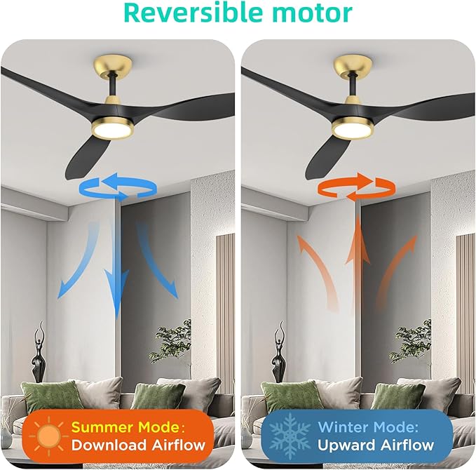 Roomratv Ceiling Fans with Lights and Remote Control,Quiet Noiseless Reversible DC Motor,6 Speeds,Timers, 3 CCT, Indoor Use, Plastic Blades,52 Inch Black and Gold Modern Ceiling Fan for Living Room