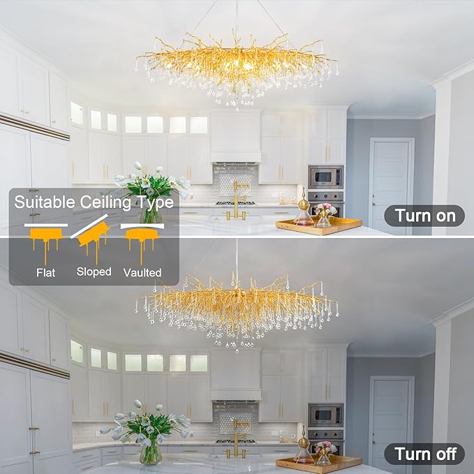 63in Modern Chandeliers, Tree Branch Chandelier Raindrop Crystal Pendant Light Fixtures, Gold Finish Chandeliers Light for Dining Room, Entryway, Living Room, 15-Light