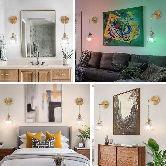 Vintage Battery Operated Wall Sconces Sets Of Two, Indoor not Hardwired Transparent Tulip Glass Lampshade Fixtures, Rechargeable Wireless RGB Wall Lights with Dimmable Remote, for Bedroom Living Room