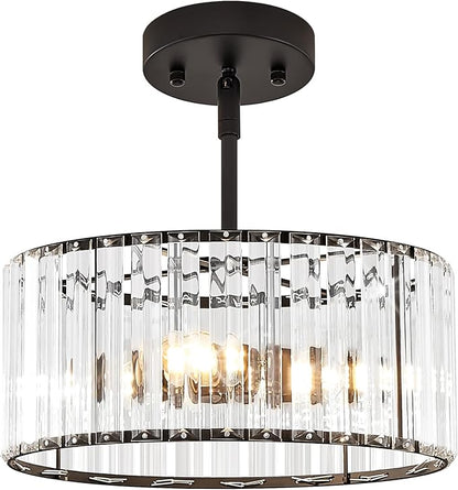 YURNYQ Black Crystal Chandelier, Small Modern Semi Flush Mount Ceiling Chandelier Light Fixtures, Round Hanging Lighting Fixture for Kitchen Bedroom Hallway Entryway Laundry Room, 3-Light, 11.8 Inch