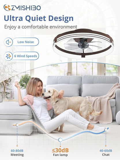 ZMISHIBO Low Profile Ceiling Fans with Lights and Remote, 20 Inch Flush Mount Ceiling Fan with Light, 3000K-6000K Dimmable Fandelier LED Fan Light, 6 Wind Speeds Brown Ceiling Fans for Bedroom