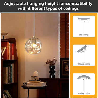Modern Amber Concave Glass Pendant Light, Kitchen Island Lighting Single Globe Pendant Light Fixtures Century Kitchen Island Pendant Lighting for Bedroom Living Dining Room Light （Without Bulb）