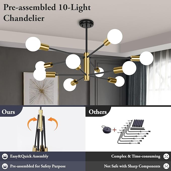 BesLowe 31'' 10-Light Modern Sputnik Chandelier, Mid Century Black & Gold Chandeliers Lighting, Farmhouse Ceiling Hanging Light Fixture for Dining Room Bedroom Room Kitchen Foyer, Height Adjustable