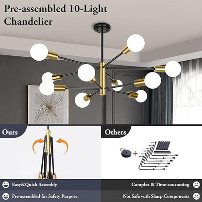 BesLowe 31'' 10-Light Modern Sputnik Chandelier, Mid Century Black & Gold Chandeliers Lighting, Farmhouse Ceiling Hanging Light Fixture for Dining Room Bedroom Room Kitchen Foyer, Height Adjustable