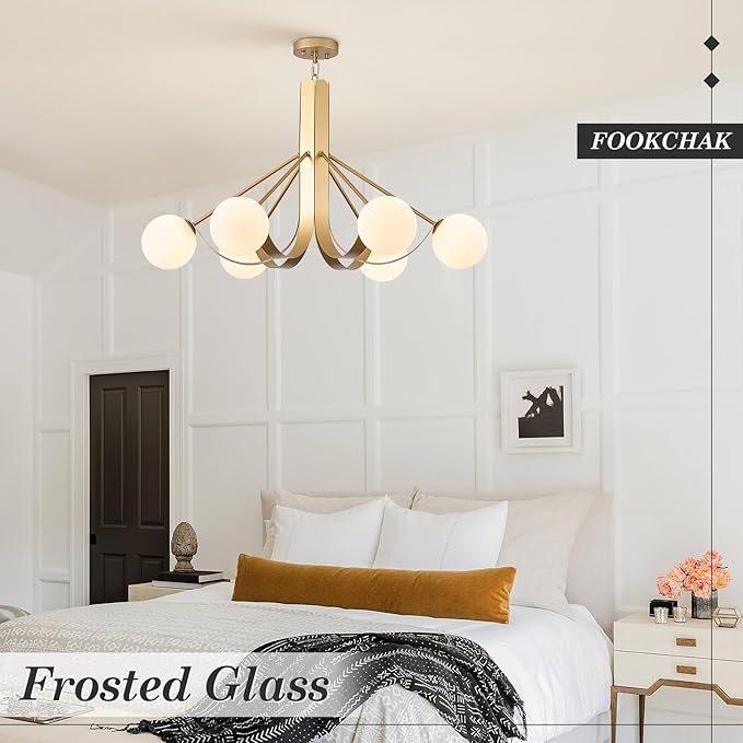 Gold Sputnik Light Fixture Modern Kitchen Chandelier Brassy Gold Bedroom Light Fixtures with Chain 33in Dining Table Light Fixture Mid-Century 6 Light Frosted Glass Chandelier for Living Room Entry