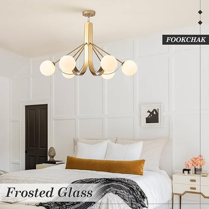 Gold Sputnik Light Fixture Modern Kitchen Chandelier Brassy Gold Bedroom Light Fixtures with Chain 33in Dining Table Light Fixture Mid-Century 6 Light Frosted Glass Chandelier for Living Room Entry