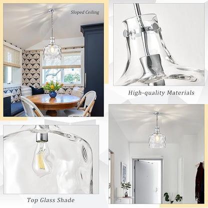 CATINER Extra Large 16" Vintage Farmhouse Pendant Light – Hand-Blown Clear Hammered Glass Shade, Adjustable Chain Hanging Light for Kitchen Island, Hallway, Dining Room, Chrome