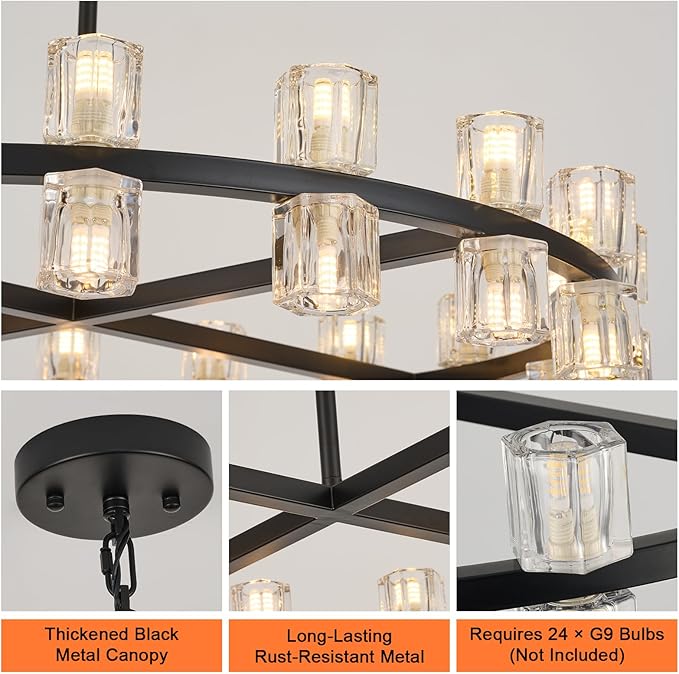 Modern 24 Inch Black Crystal Wagon Wheel Chandelier, Large Round 24-Light Pendant Lighting Fixture, Adjustable Height for High Ceilings Living Room, Dining Room, Foyer, Entryways (BLACK-24in)