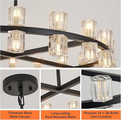 Modern 24 Inch Black Crystal Wagon Wheel Chandelier, Large Round 24-Light Pendant Lighting Fixture, Adjustable Height for High Ceilings Living Room, Dining Room, Foyer, Entryways (BLACK-24in)