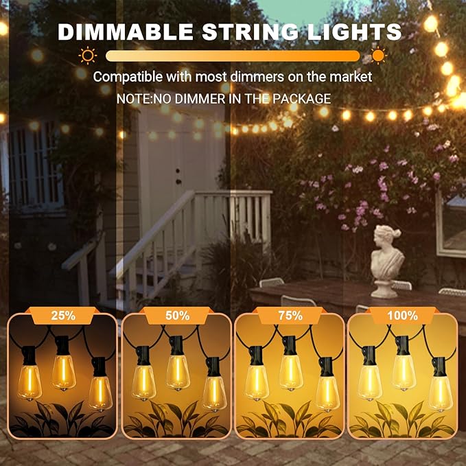 LAMPHOME Outdoor String Lights Waterproof, 26FT Connectable Patio Lights with 12+1 Shatterproof ST38 LED Edison Bulbs, Hanging Lights for Backyard Garden Porch Deck Christmas Party Cafe Decor