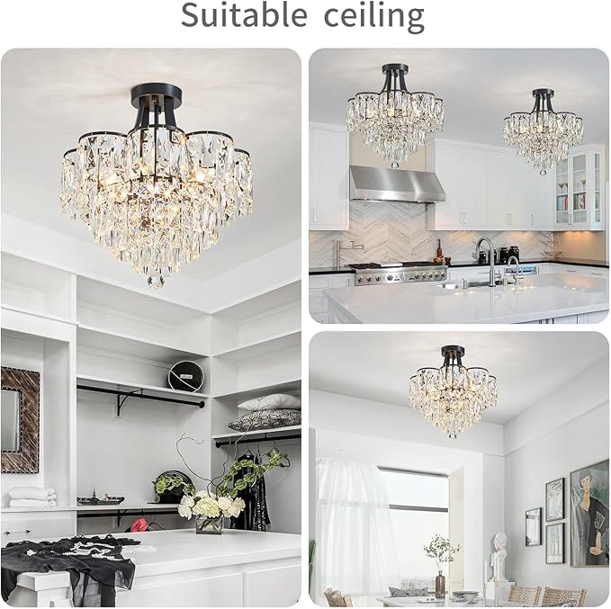 WUZUPS Crystal Chandelier Semi-Flushmount Ceiling Light Modern Lighting Fixture for Bedroom Hallway Entry Kitchen Bathroom, H 19.3" x W 18.3", E12 Base, Black