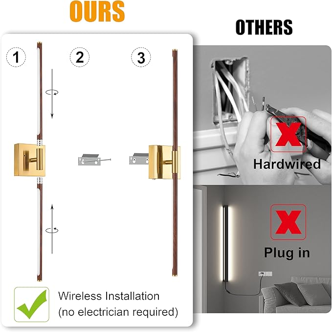 Morauroral 36 Inch Battery Operated Wall Sconces Set of 2, Dimmable Battery Wall Sconce with Remote Control, Walnut Gold LED Rechargeable Sconces, Modern Wireless Wall Lights for Bedroom, Living Room