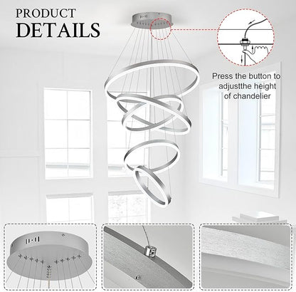 Modern LED Chandelier for Foyer Dimmable Silver High Ceiling Chandeliers Foyer with Remote Control for Entryway Dining Room Living Room Staircase, 3000K-6500K(5-Rings D23.6’’)