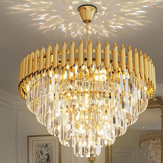 Modern Gold Crystal Chandelier, 24" 10-Light Round Chandelier,5 Tiers Ceiling Pendant Light, Large Adjustable Hanging Raindrop Chandeliers for Dining Room, Foyer, Living Room, Staircase