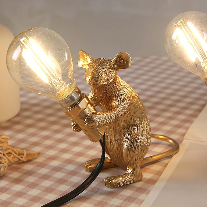 NorDiem Modern Cute LED Resin Animal Mouse Table Lamp Art Mouse Children's Bedside Gift Desk Lights Small Mini Mice lamp(Gold Standing)