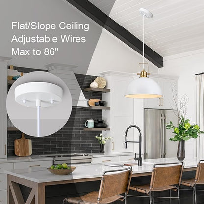 Farmhouse Pendant Light, 13.8" White Pendant Light Kitchen Island with Adjustable Cord, Vintage Dome Hanging Lights for Dining Room Cafe Bar Hallway Worktops, M, 2 Pack