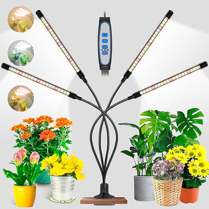 Garpsen Grow Lights for Indoor Plants, Upgraded Version 4 Head 80 LED Full Spectrum Grow Lamp with Timer, 3 Lighting Mode, 10 Dimmable Levels, Professional for Seeding Succulents Herbs
