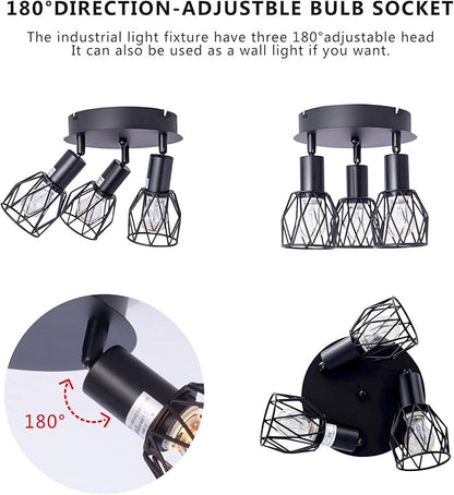 Industrial Semi Flush Mount Ceiling Light, 3-Light Multi-Directional Ceiling Light Fixtures, Vintage Black Metal Wire Cage Farmhouse Pendant Lighting for Kitchen Dining Room Hallway Foyer Bedroom E26
