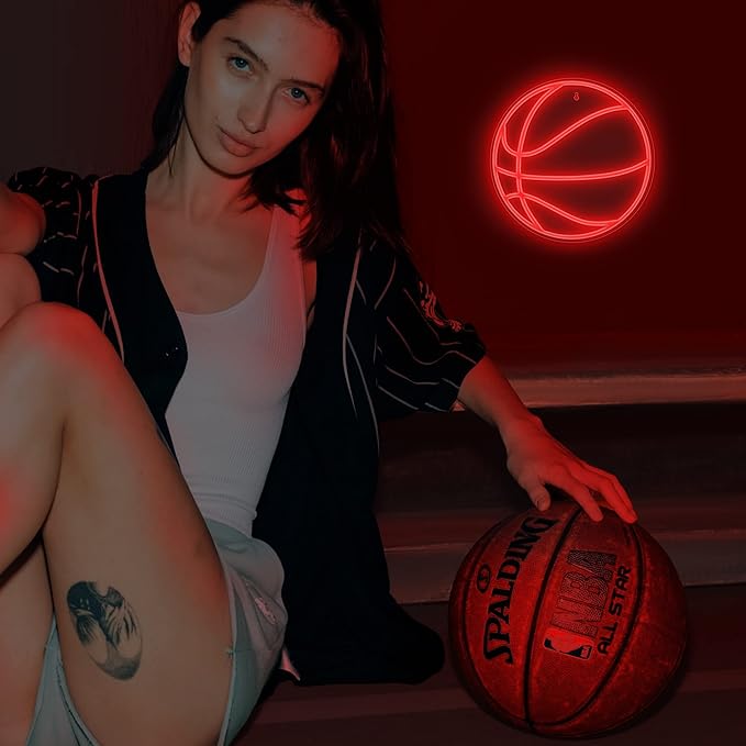 Lumoonosity Basketball Neon Sign - Basketball Lights for Bedroom, Game Room, Wall, Basketball Theme Room Decor - Cool Basketball Neon Light for Fans - Hanging Sports Led Signs with Red Color