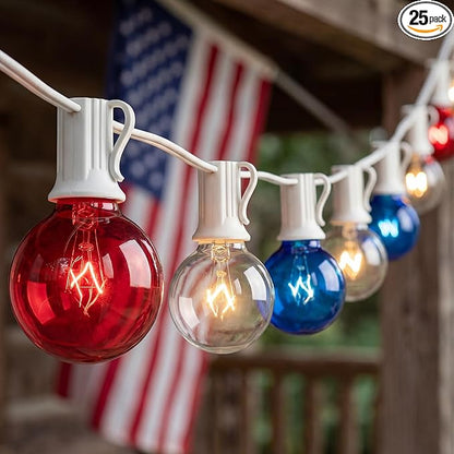 25Ft G40 Red White and Blue String Lights, 4th of July Decorations Lights Plug in with 27 5W Globe Light Bulbs, Waterproof Outdoor Patriotic Lights for Memorial Day Independence Day Home Patio Decor