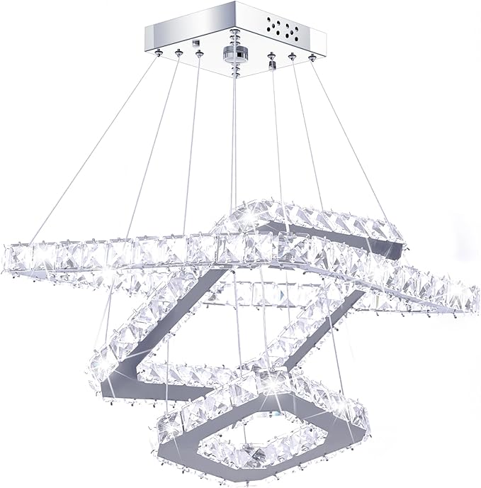Crystal Chandeliers Modern LED 3 Ring Chandelier Adjustable Ceiling Light Fixtures Pendant Lighting Stainless Steel Hanging Lights for Living Room Dining Room Bathroom Bedroom, Cold White (Square)