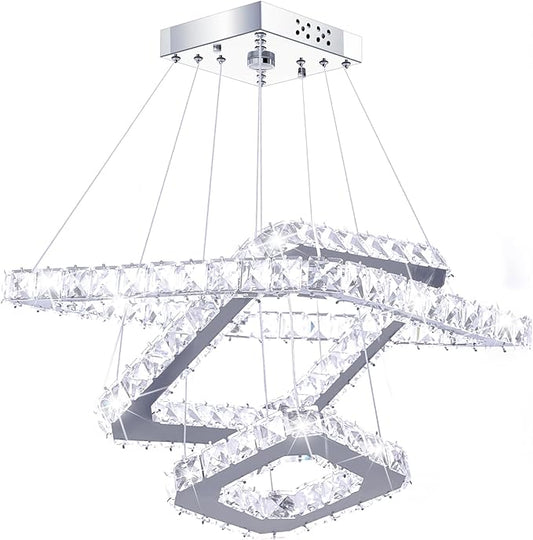 Crystal Chandeliers Modern LED 3 Ring Chandelier Adjustable Ceiling Light Fixtures Pendant Lighting Stainless Steel Hanging Lights for Living Room Dining Room Bathroom Bedroom, Cold White (Square)