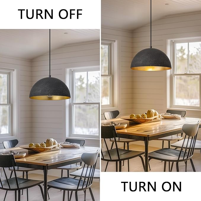 Farmhouse Pendant Light,11.8" Black with Gold Grain Industrial Dome Chandelier,Adjustable Vintage Pendant Lights Kitchen Island for Dining Room,Bedroom,Hallway