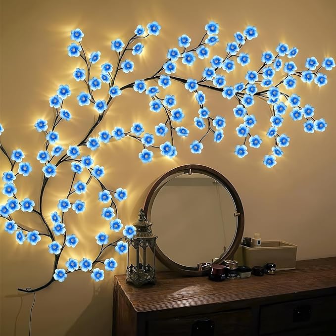 Blue Cherry Blossom LED Lights for Bedroom Decor, Cherry Blossom Willow Vine Branch with Remote Control,Flexible DIY Design,48 LED 8 Modes,for Party, Living Room, Wall Decorations (47inch)